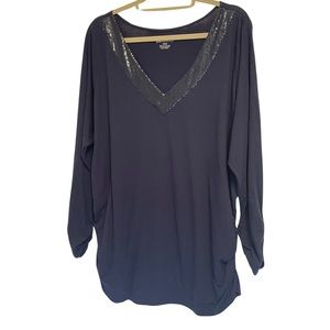 Lane Bryant Top Womens 24 Black Sequin V-Neck Long Sleeve Casual Blouse